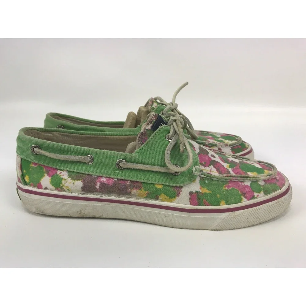 Sperry Top Sider Boat Shoes Size 8 Women Green Pink Splatter Lace‎ Canvas